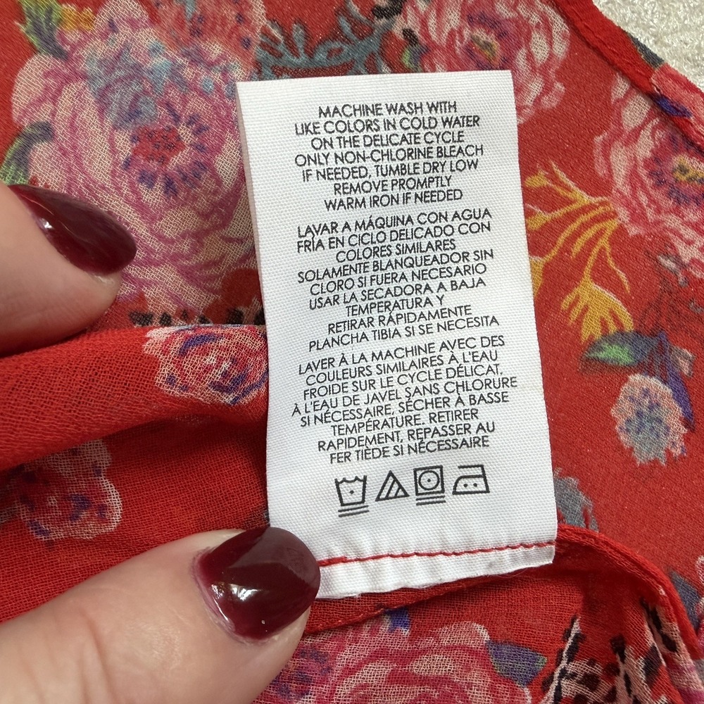 CABI Crush Floral Chiffon Shirt Women M Red Sheer Ruffle V Neck Sleeveless Top - Picture 11 of 11